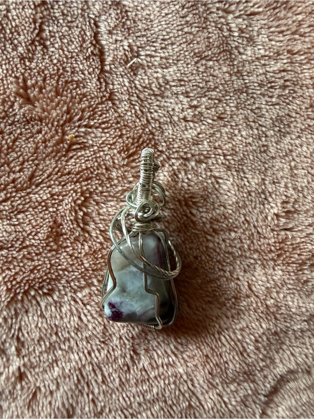 Handcrafted Silver Wire Wrapped White and Purple Stone Pendant